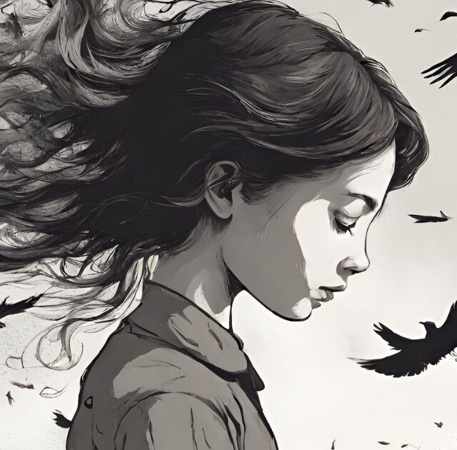 Black and white sketch of a girl with her eyes closed and birds flying around her head, symbolizing mistakes flying away.