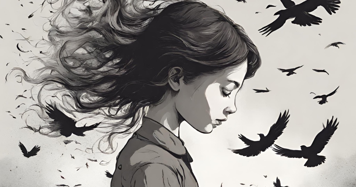 Black and white sketch of a girl with her eyes closed and birds flying around her head, symbolizing mistakes flying away.